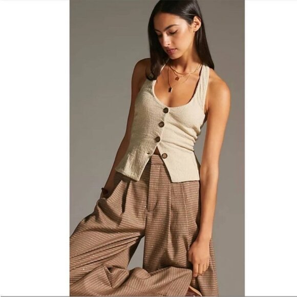 By Anthropologie Halter Cotton Button Front Vest Halter Top Sand Beige - Picture 2 of 14